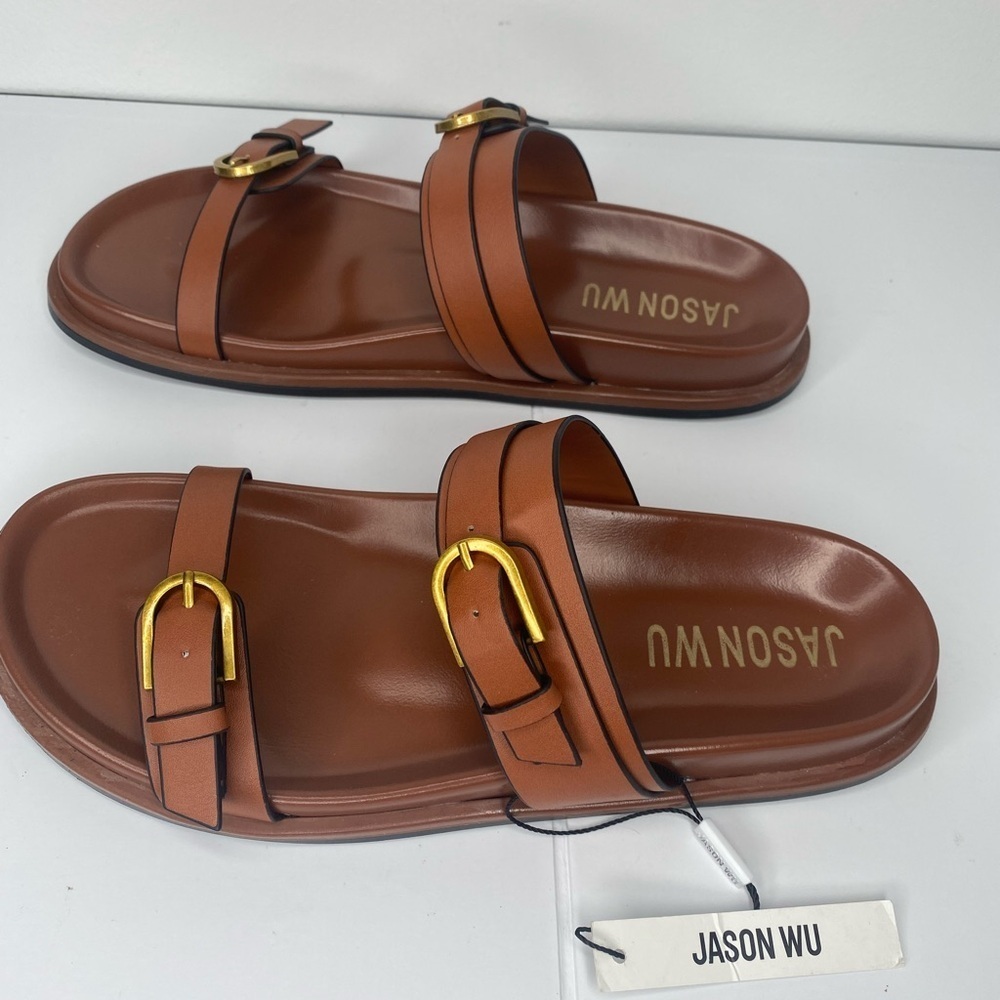 Jason Wu NWT Rhonda Brown Slide Sandals with Gold Accents. - Picture 4 of 7